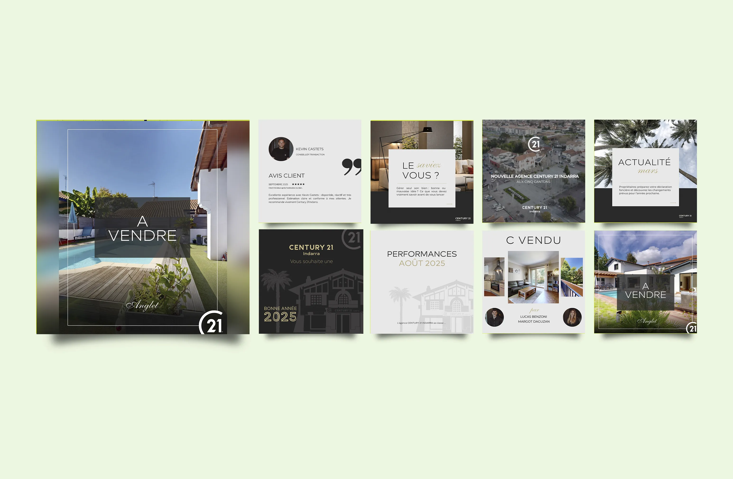 Exemples de publications réseaux sociaux pour une agence immobilière Mosaïque de publications Instagram réalisées pour l'agence Century 21 Indarra : annonces « à vendre », avis client, actualités et vœux, illustrant une présence régulière sur les réseaux sociaux