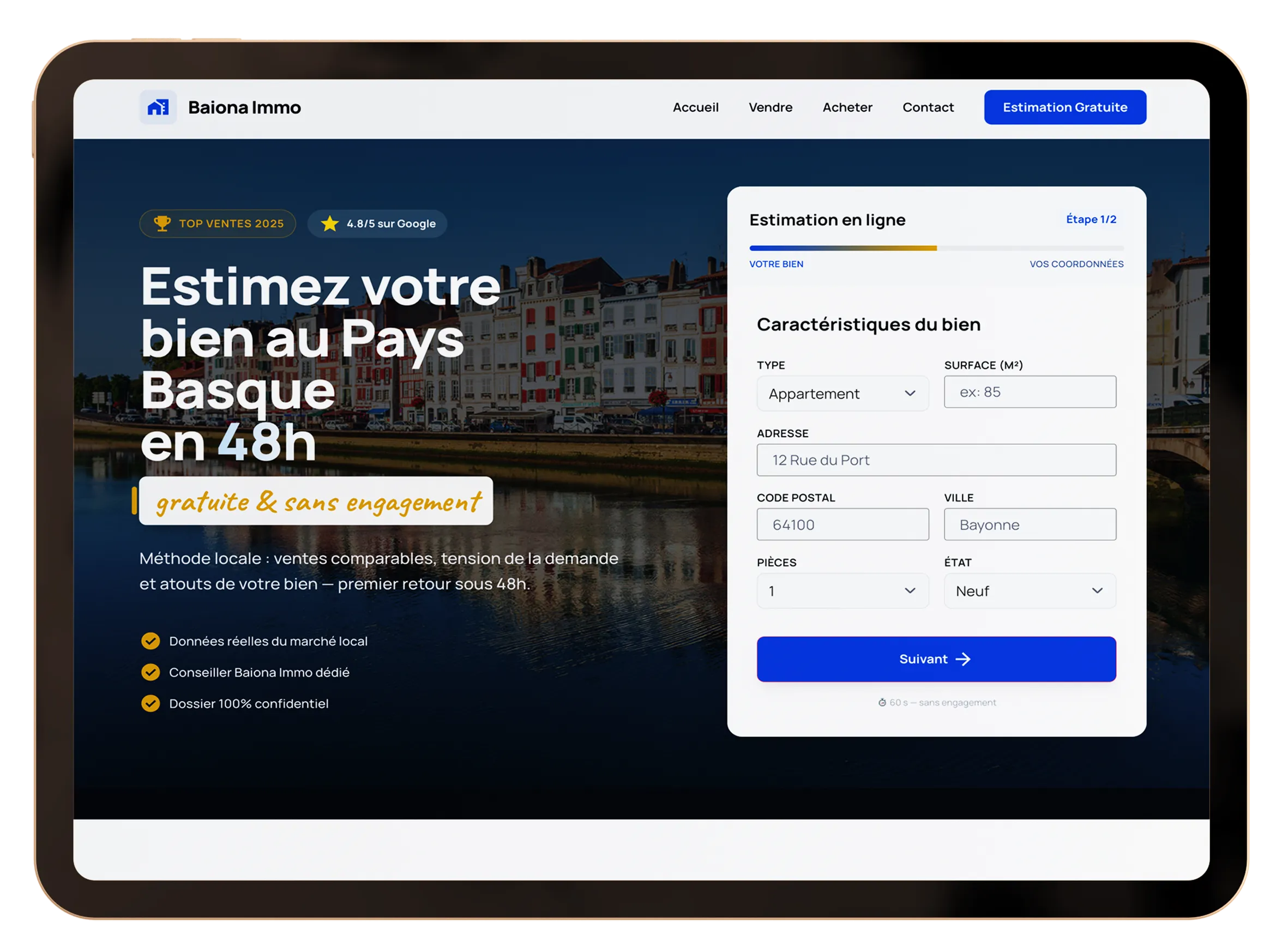 Exemple de landing page « Estimation gratuite » pour une agence immobilière Maquette d'une landing page immobilière « Baiona Immo » sur tablette, avec formulaire d'estimation en ligne en 2 étapes pour un bien au Pays Basque