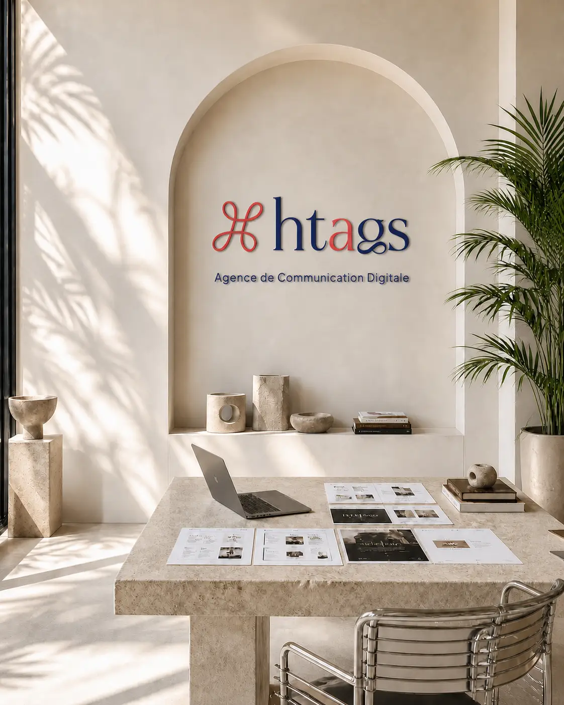 Le bureau de l’agence HTAGS : ordinateur, mises en page et logo mural