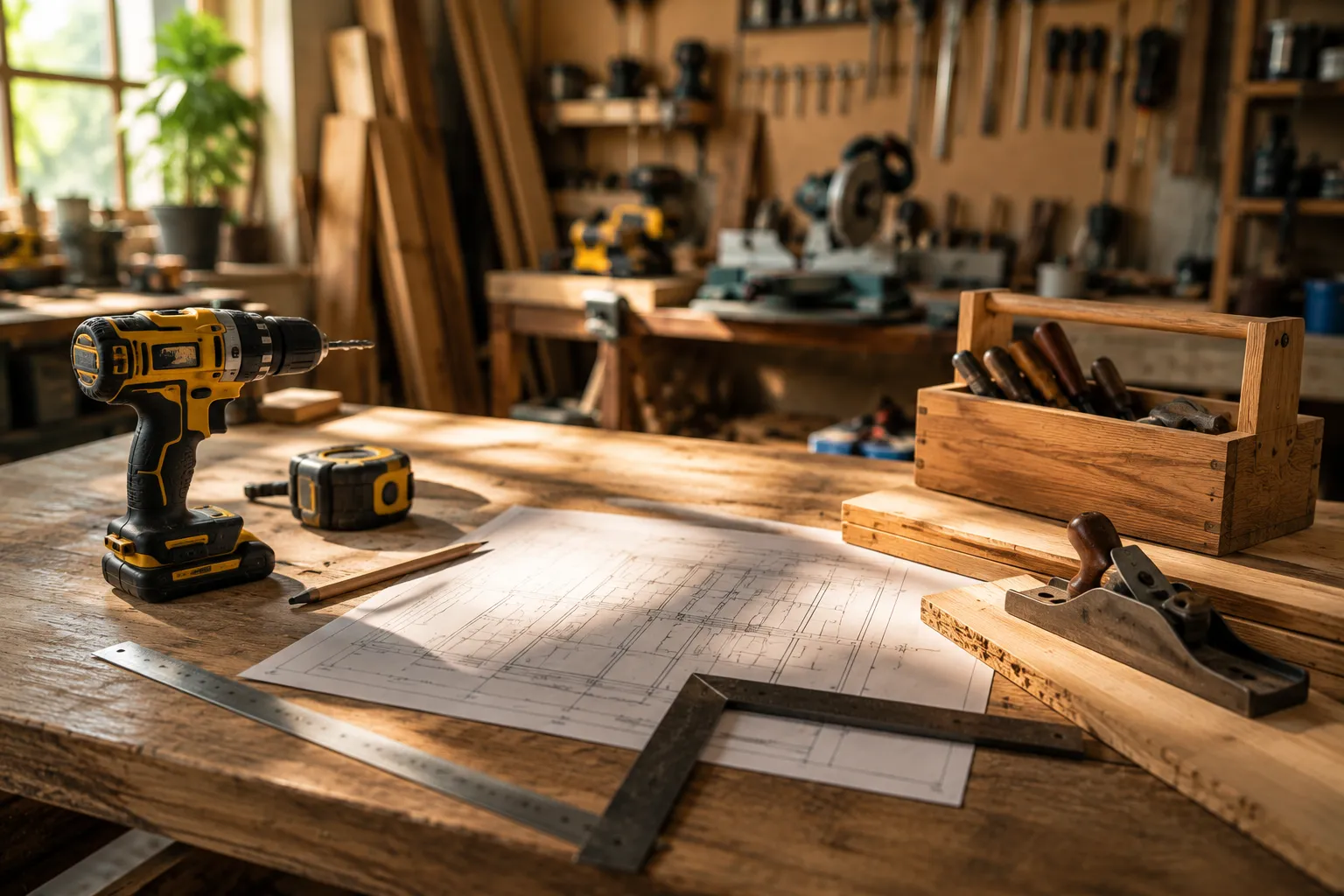 Établi d'artisan avec perceuse, mètre, équerre et plans de construction dans un atelier de menuiserie
