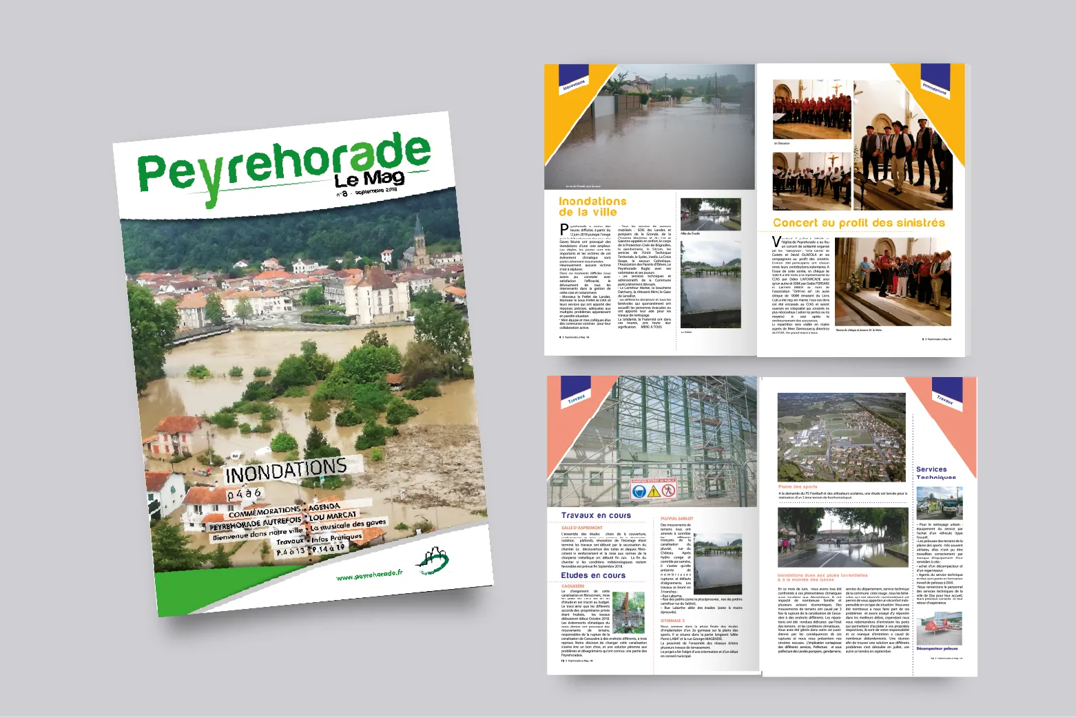 Couverture et pages intérieures du bulletin municipal de Peyrehorade, numéro spécial inondations