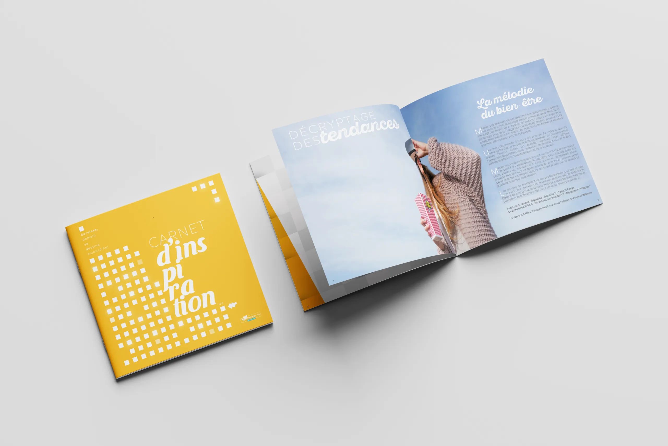 Couverture jaune et pages intérieures du magazine Carnet d'Inspiration Wellness Lab