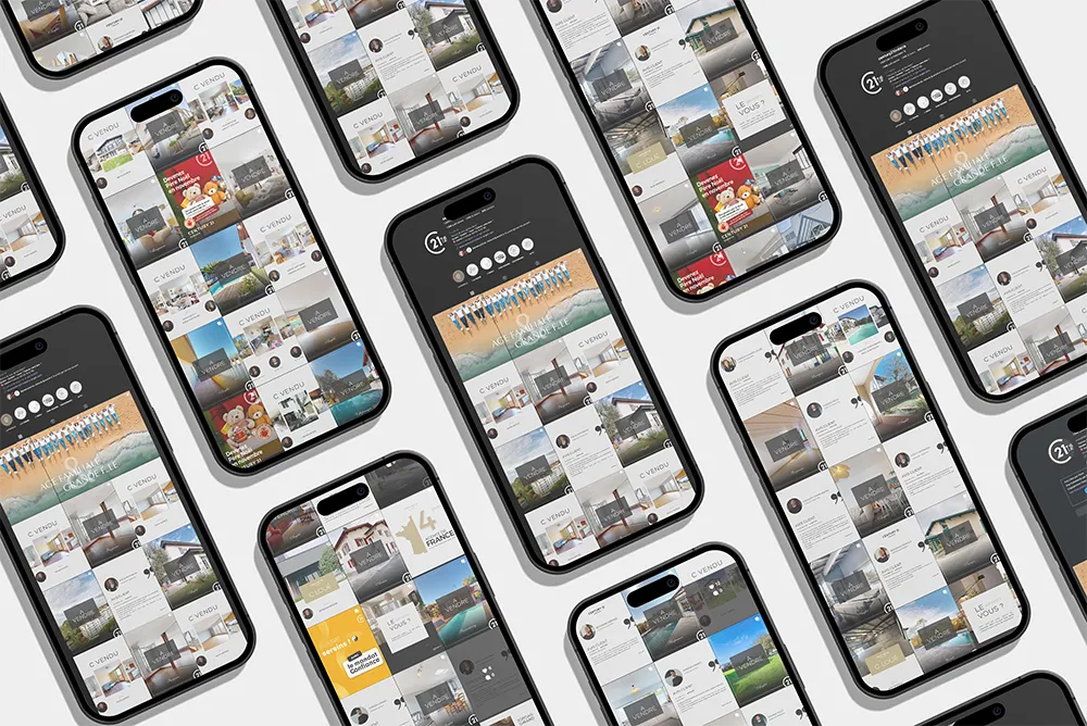 Grille de publications Instagram Century 21 Indarra sur plusieurs écrans de smartphone