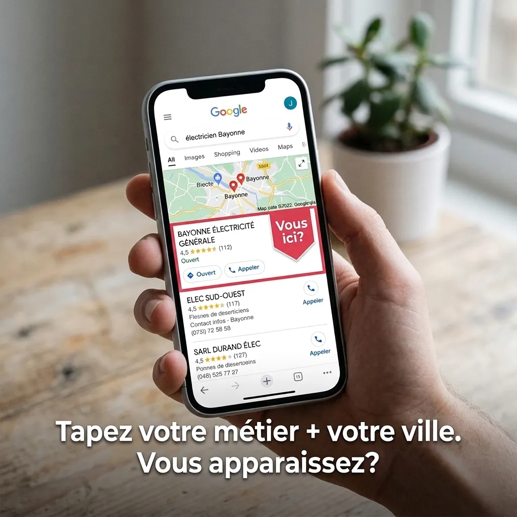 Soyez visible sur Google quand vos clients vous cherchent Smartphone affichant une recherche Google « électricien Bayonne » avec résultats de recherche locale sur Google Maps, texte : Tapez votre métier + votre ville. Vous apparaissez ?