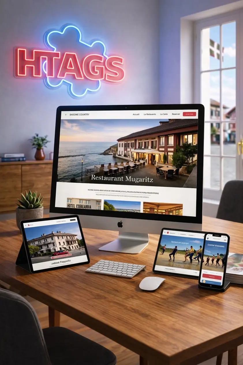 Site internet HTAGS affiché sur ordinateur, tablette et smartphone