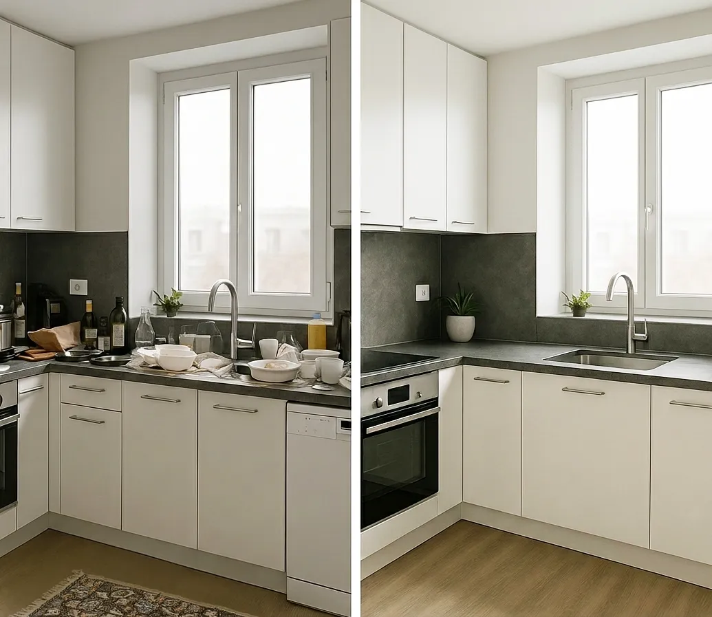 Retouche photo immobilière : avant / après d'une cuisine Photo avant/après d'une cuisine pour une annonce immobilière : à gauche la pièce encombrée avec vaisselle sale, à droite la même cuisine retouchée et mise en valeur pour la vente