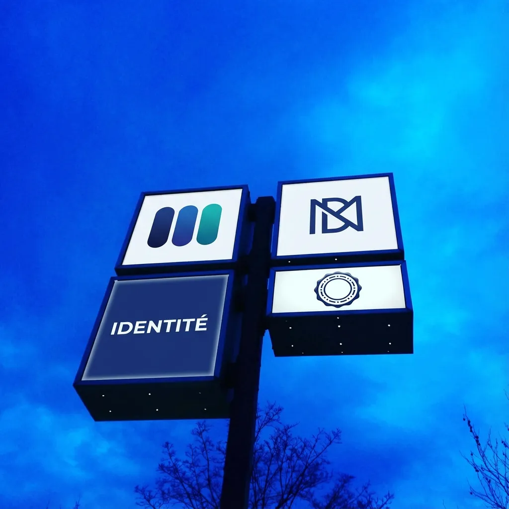 Enseigne lumineuse affichant plusieurs logos modernes sur fond de ciel bleu, illustrant le concept d’identité visuelle et de branding pour collectivités et entreprises.