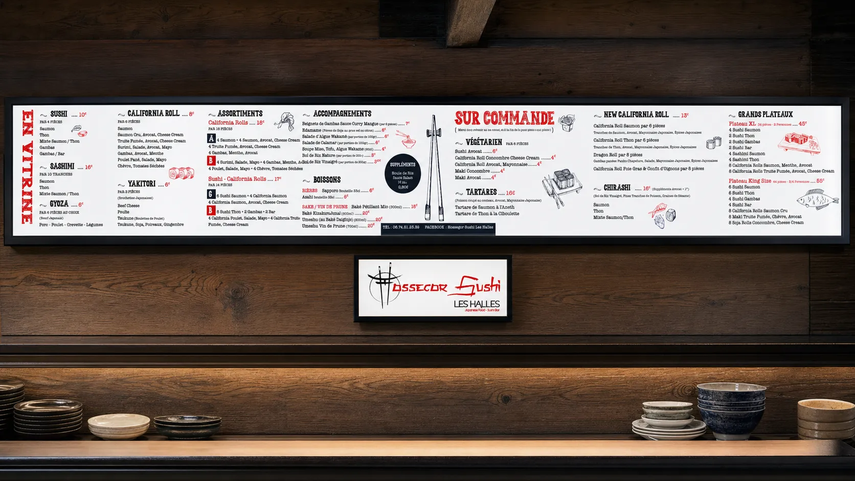 Menu en enseigne lumineuse au comptoir Hossegor Sushi