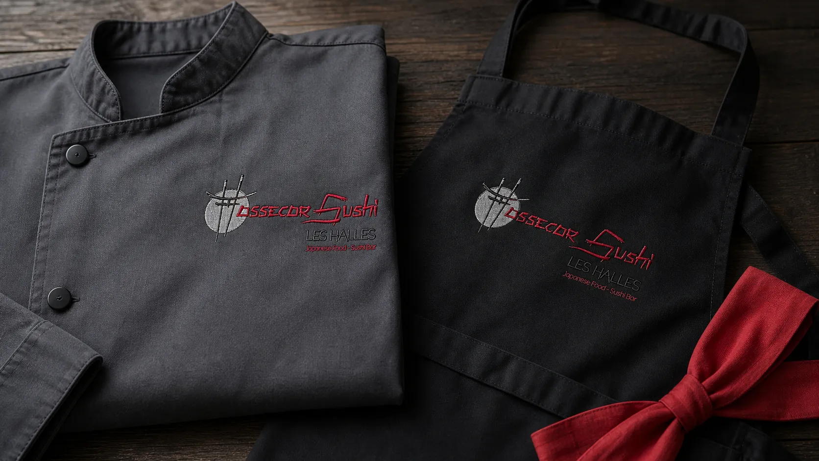 Logo Hossegor Sushi brodé sur veste de chef et tablier