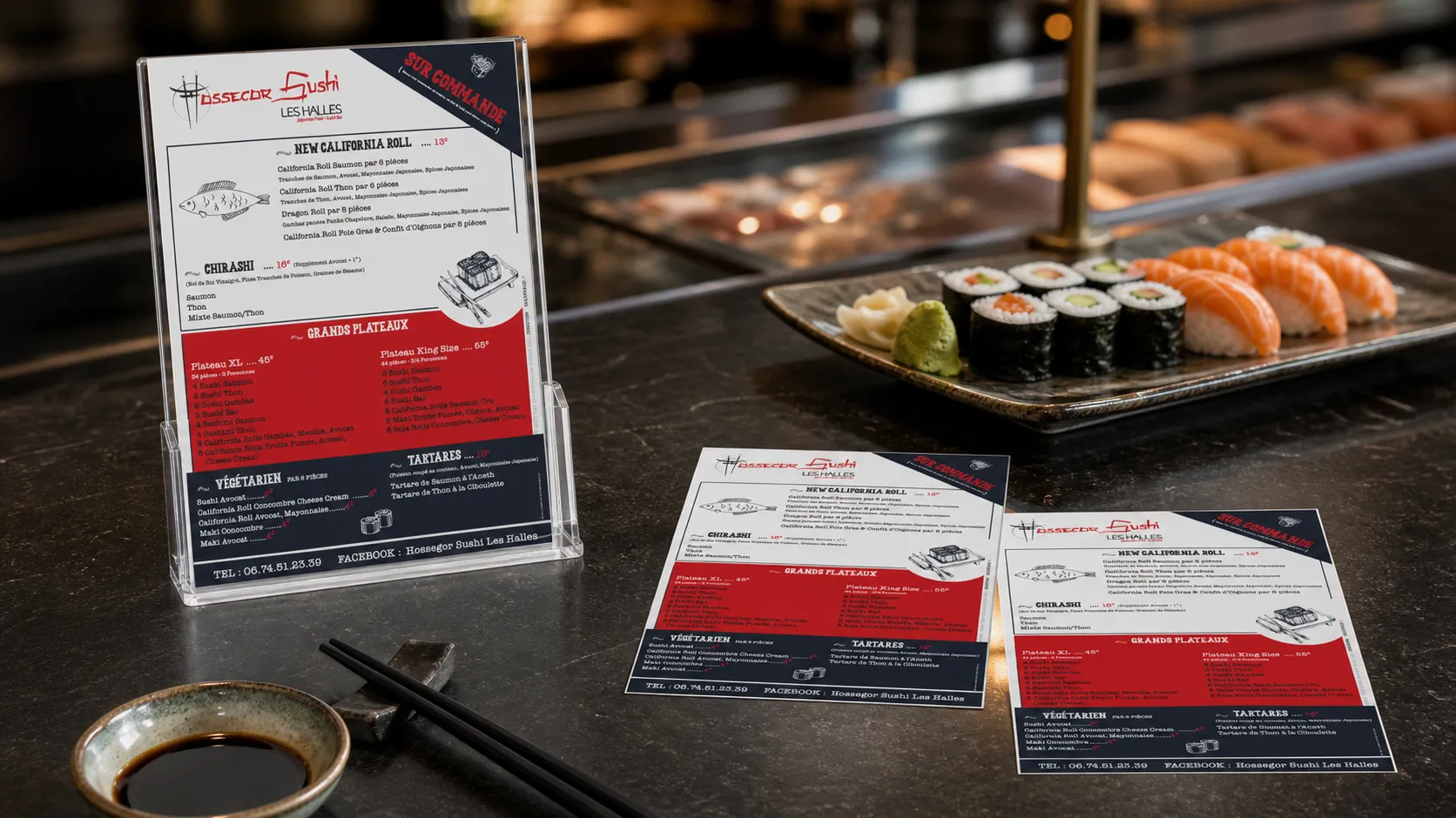 Menu Hossegor Sushi sur le comptoir, à côté d'un plateau de sushis