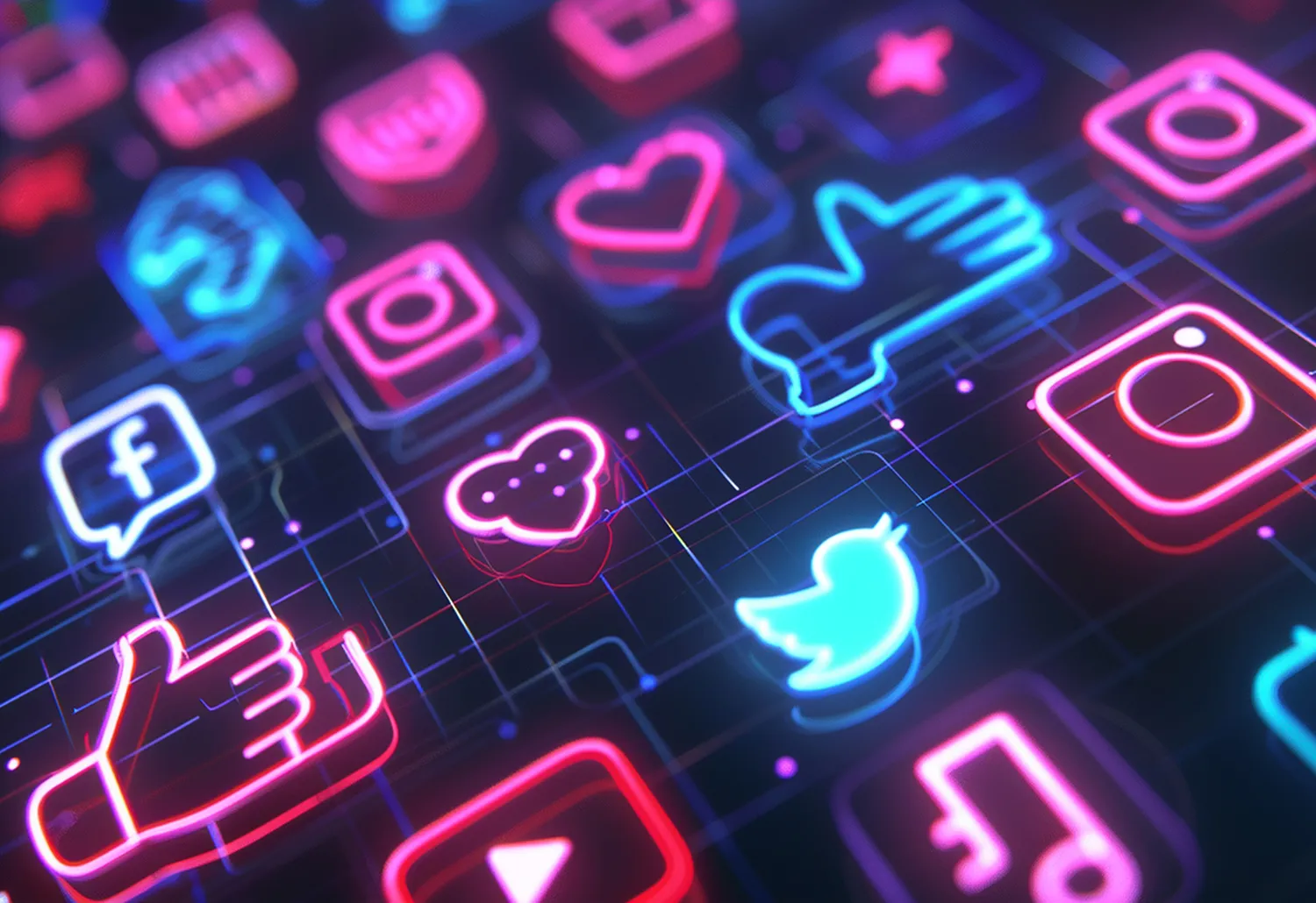 Icônes de réseaux sociaux en style néon — Facebook, Instagram, Twitter, YouTube — sur fond sombre, illustrant la stratégie digitale et le choix des plateformes.