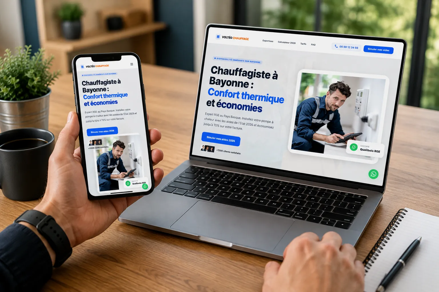 Aperçu d'une landing page artisan sur ordinateur et smartphone, avec formulaire de contact et bouton WhatsApp