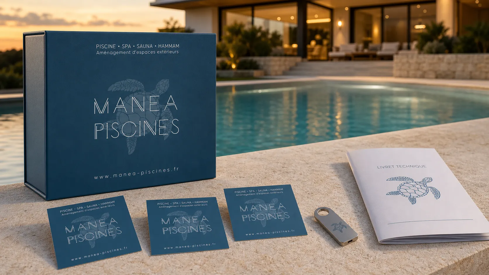 Coffret de présentation, cartes de visite, clé USB et livret technique Manéa Piscines