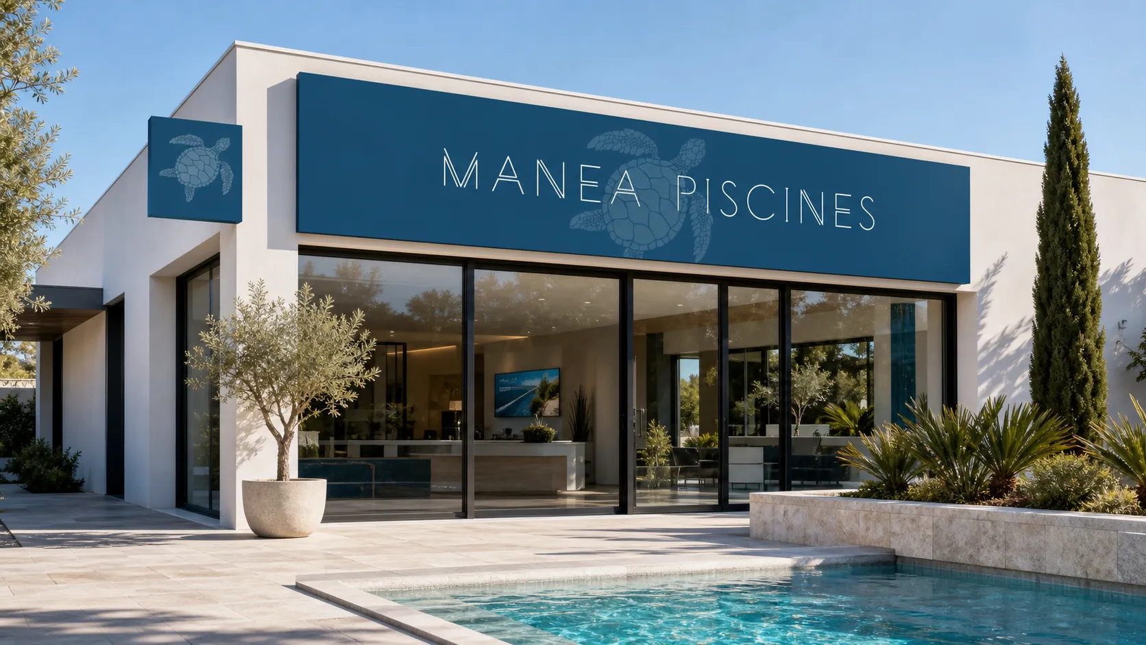 Enseigne Manéa Piscines sur la façade du showroom