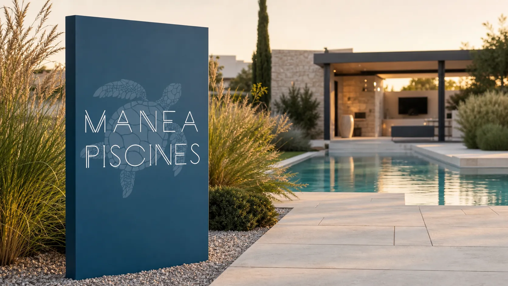 Totem signalétique Manéa Piscines devant une piscine