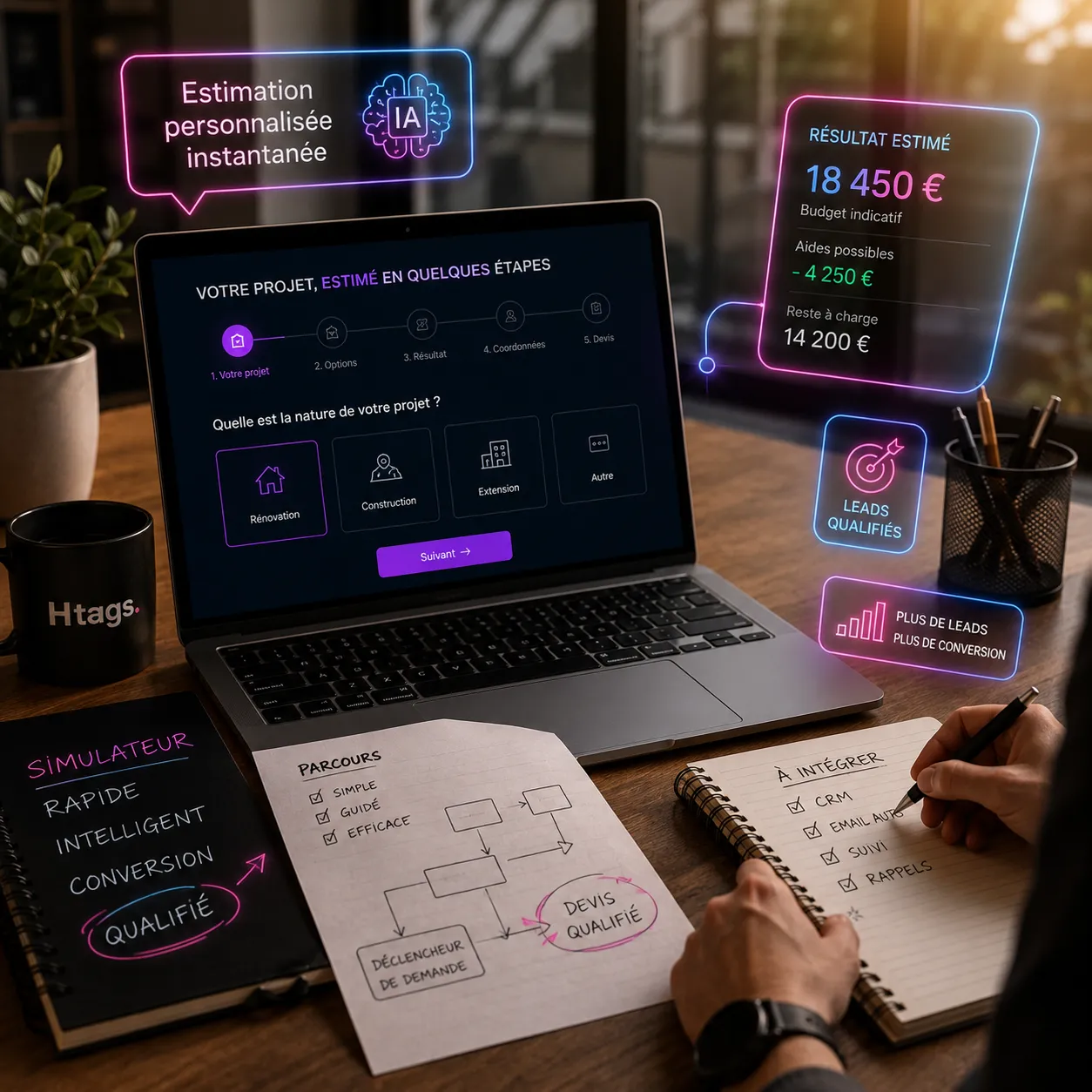 Simulateur IA sur mesure : parcours en étapes avec estimation chiffrée et leads qualifiés