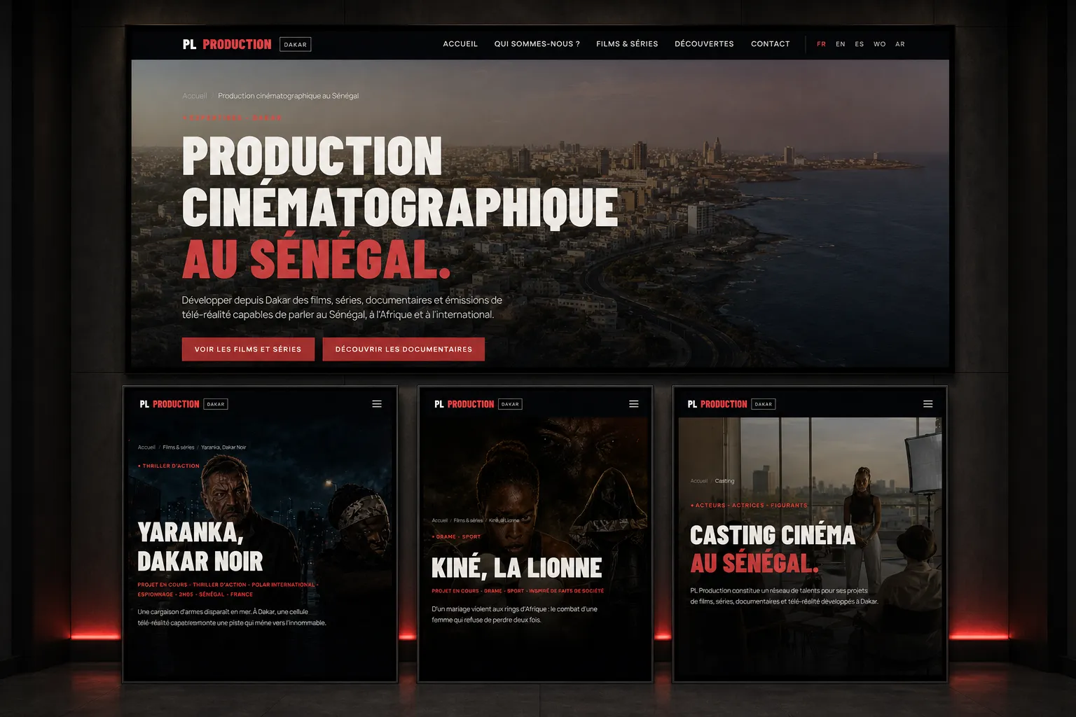 Page d'accueil et pages projets du site PL Production Dakar