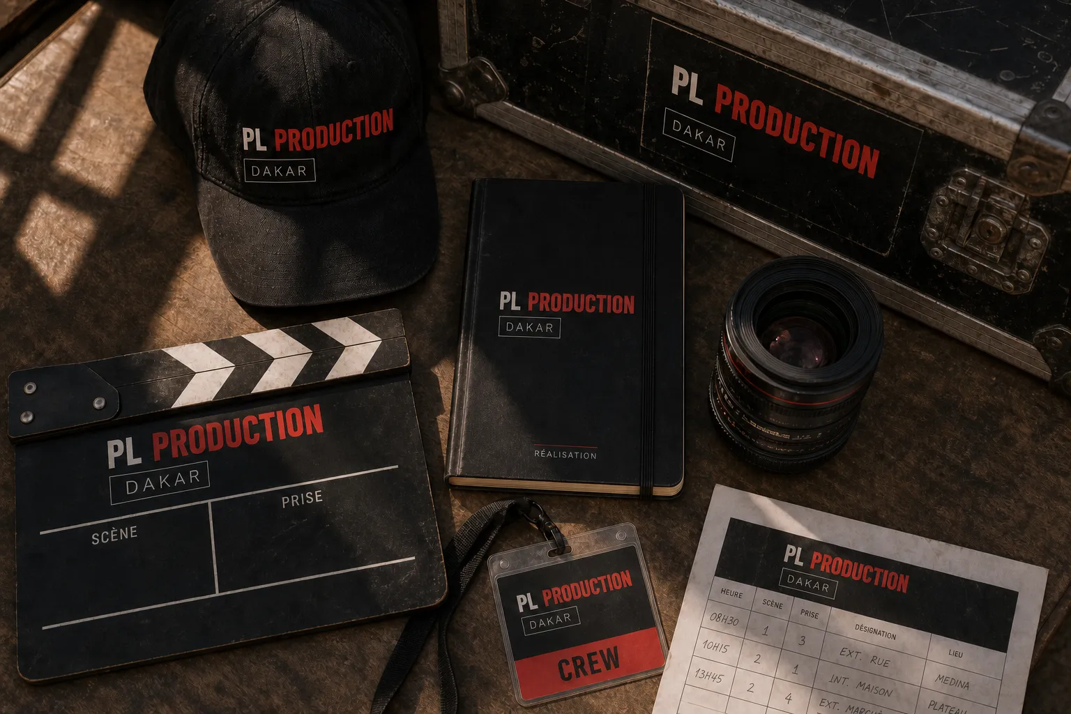 Identité visuelle PL Production Dakar déclinée sur clap, carnet et badge