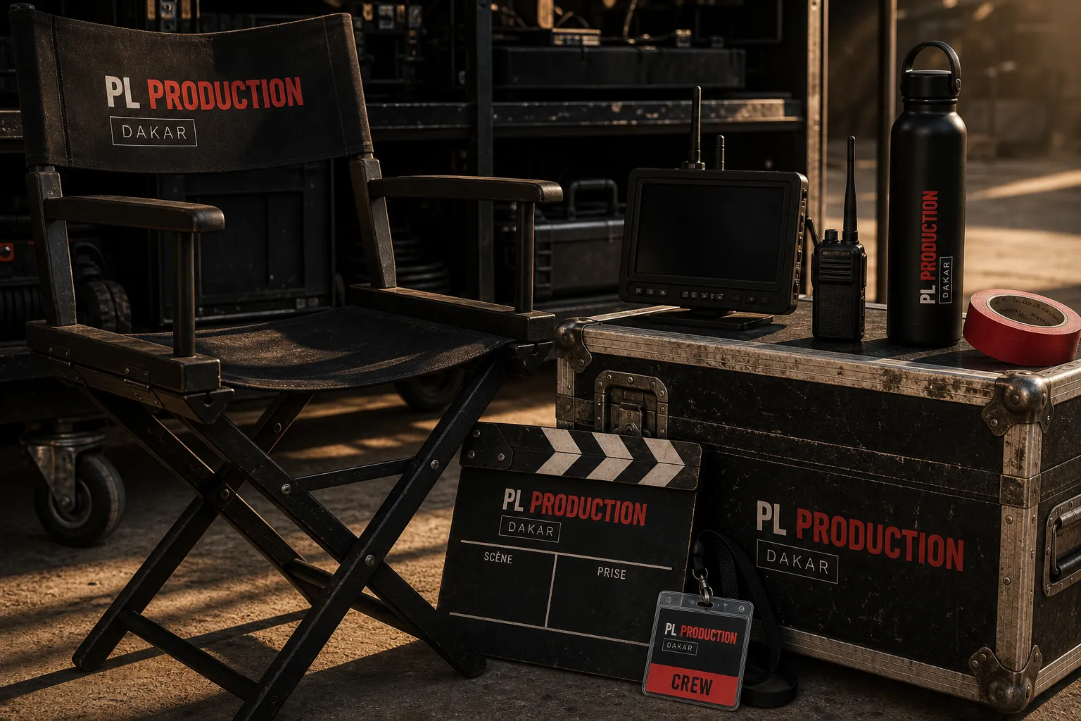 Identité visuelle PL Production Dakar déclinée sur le matériel de tournage