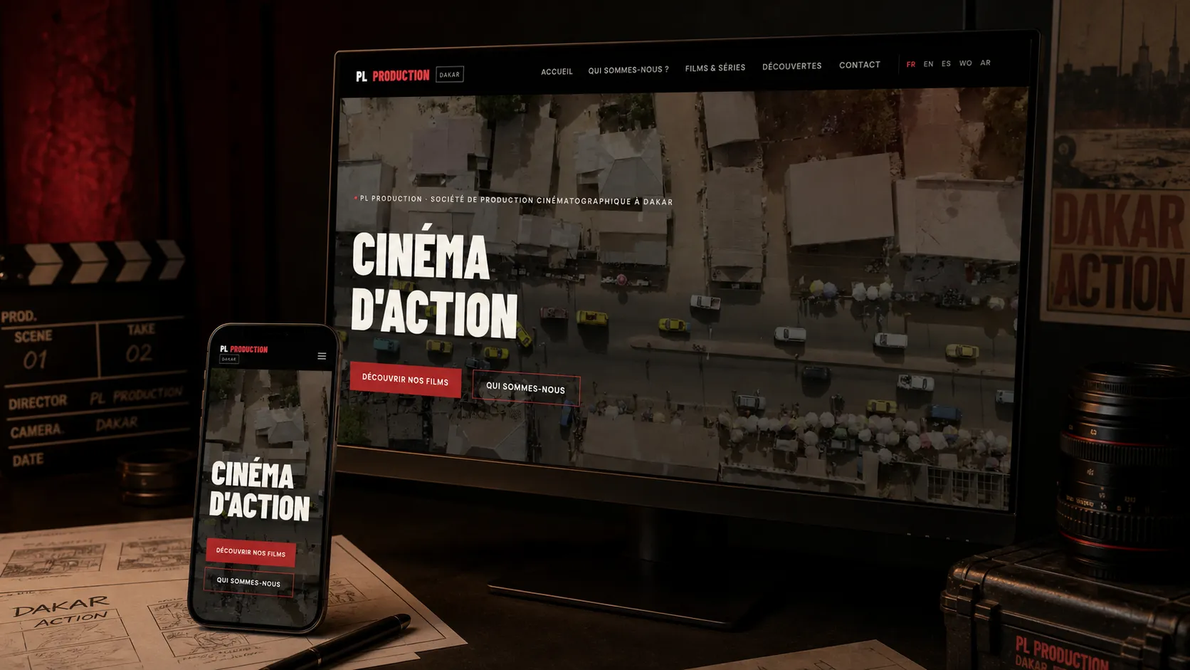 Site PL Production Dakar présenté sur ordinateur et mobile, page d'accueil « Cinéma d'action »