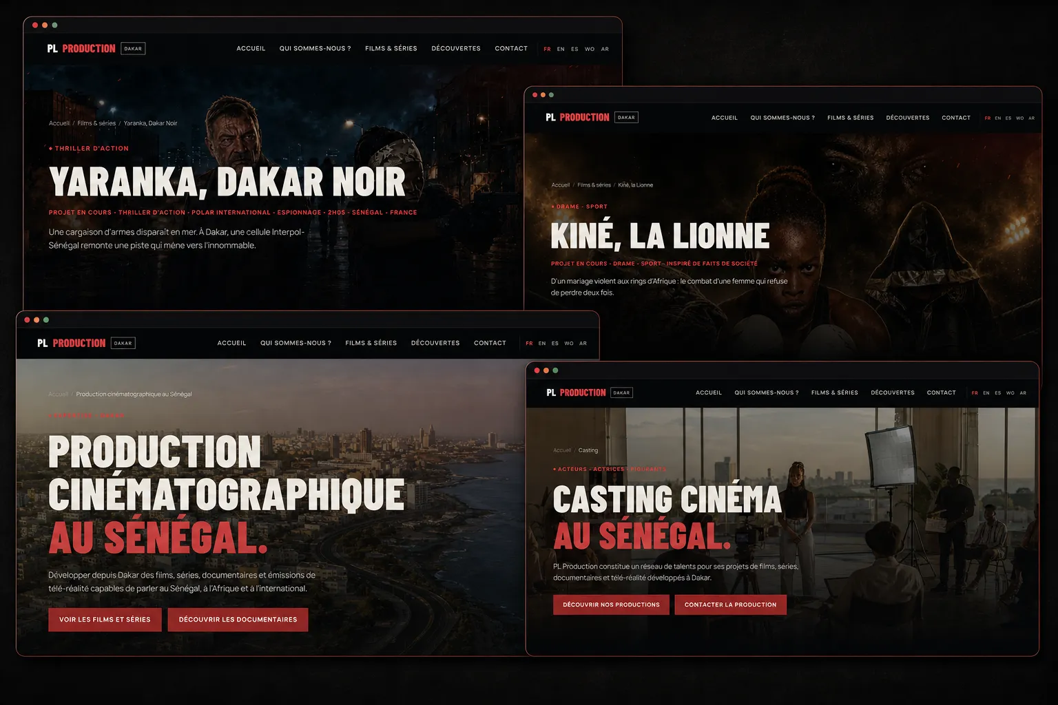 Pages du site PL Production Dakar : Yaranka Dakar Noir, Kiné la Lionne, accueil et casting