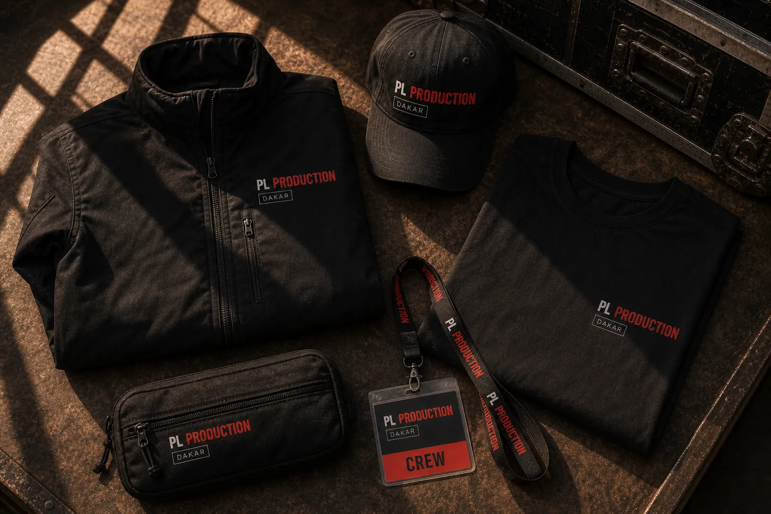 Identité visuelle PL Production Dakar déclinée sur vêtements et accessoires