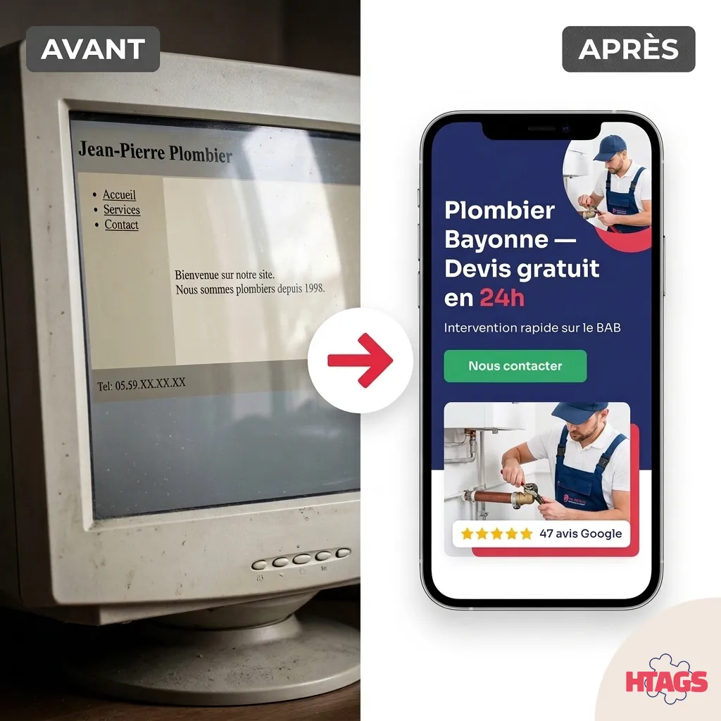 Avant / après : refonte d'un site internet de plombier à Bayonne Comparaison avant/après d'une refonte de site internet : ancien site basique d'un plombier affiché sur un écran d'ordinateur des années 2000, à côté du nouveau site mobile moderne « Plombier Bayonne — Devis gratuit en 24h » avec photo, avis Google et bouton de contact
