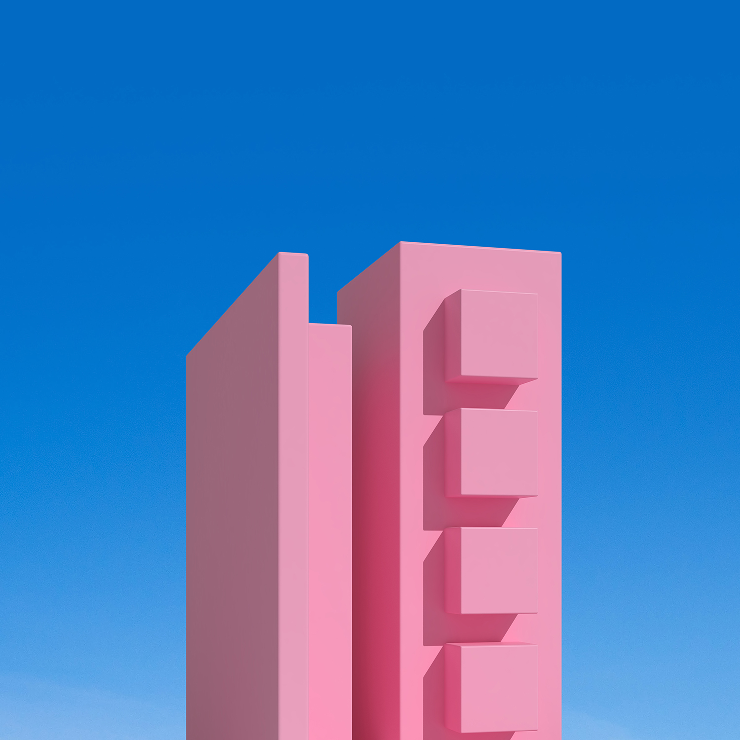 Structure architecturale rose en forme de building stylisé, photographiée sous un ciel bleu clair.