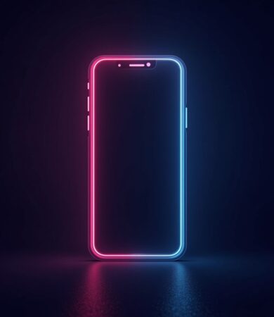 Smartphone stylisé avec un contour lumineux néon bleu et rose sur fond sombre, illustrant le design mobile et l’importance du responsive.