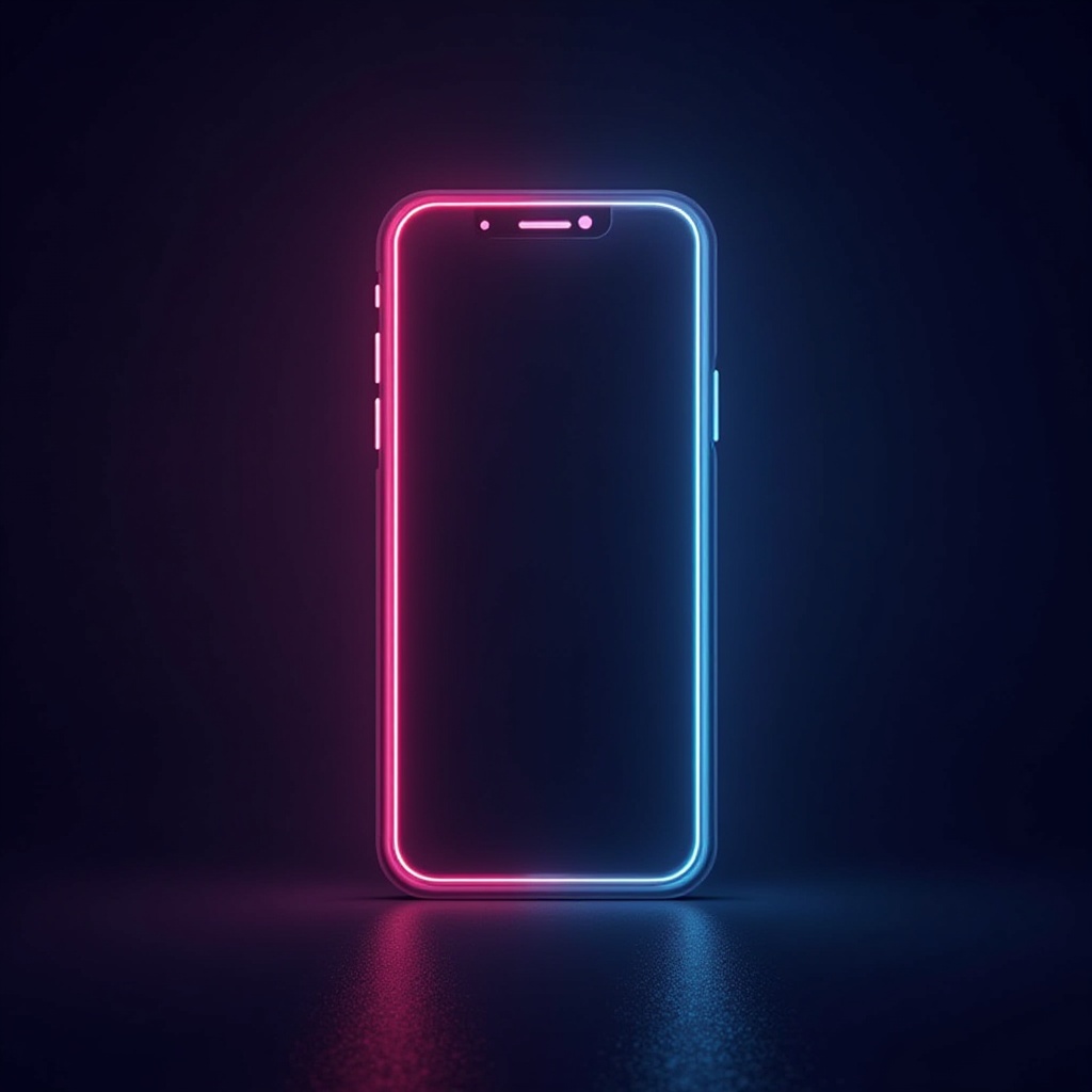 Smartphone stylisé avec un contour lumineux néon bleu et rose sur fond sombre, illustrant le design mobile et l’importance du responsive.