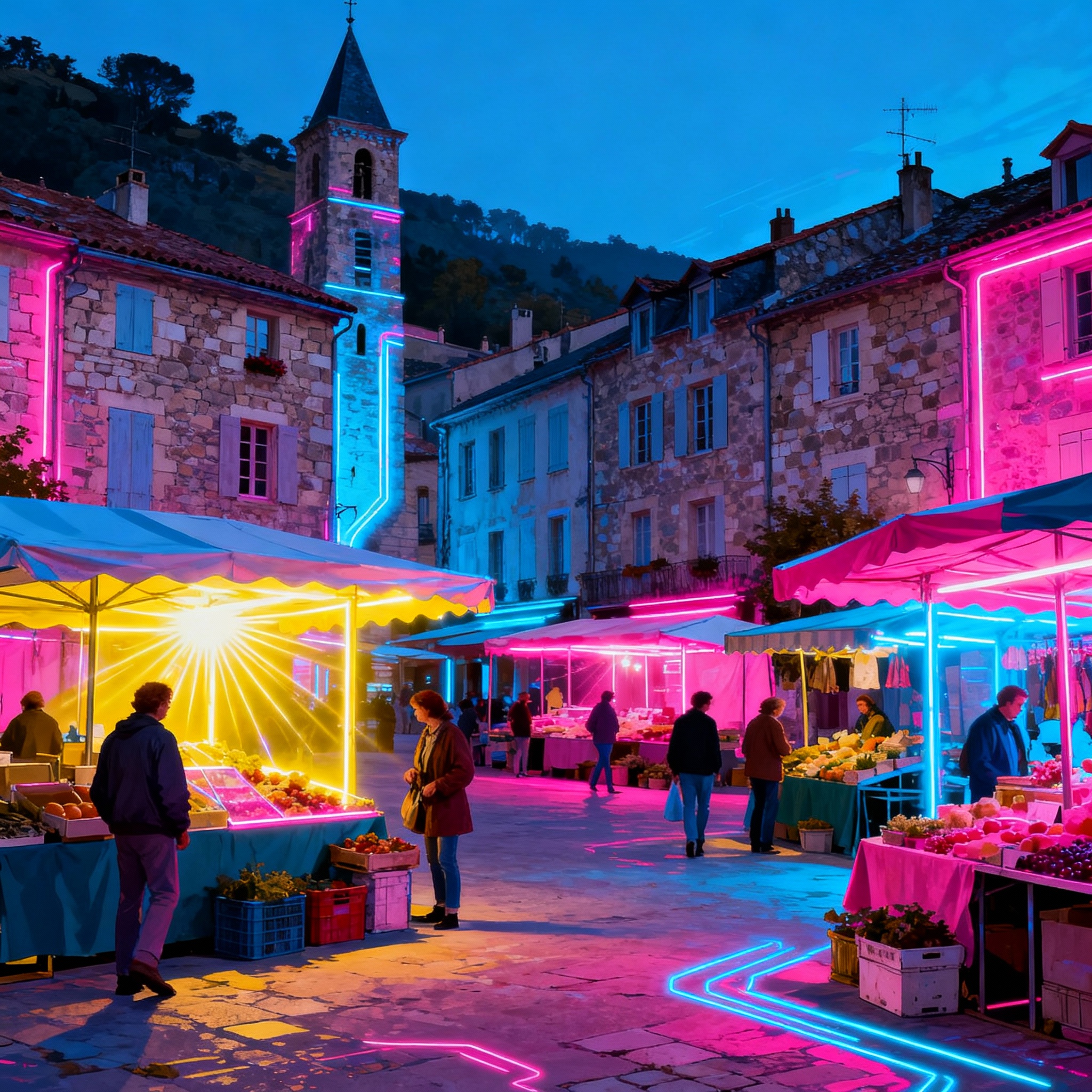 Scène d’un marché nocturne dans une ville française, avec des stands et bâtiments illuminés de néons colorés, illustrant la communication municipale moderne.