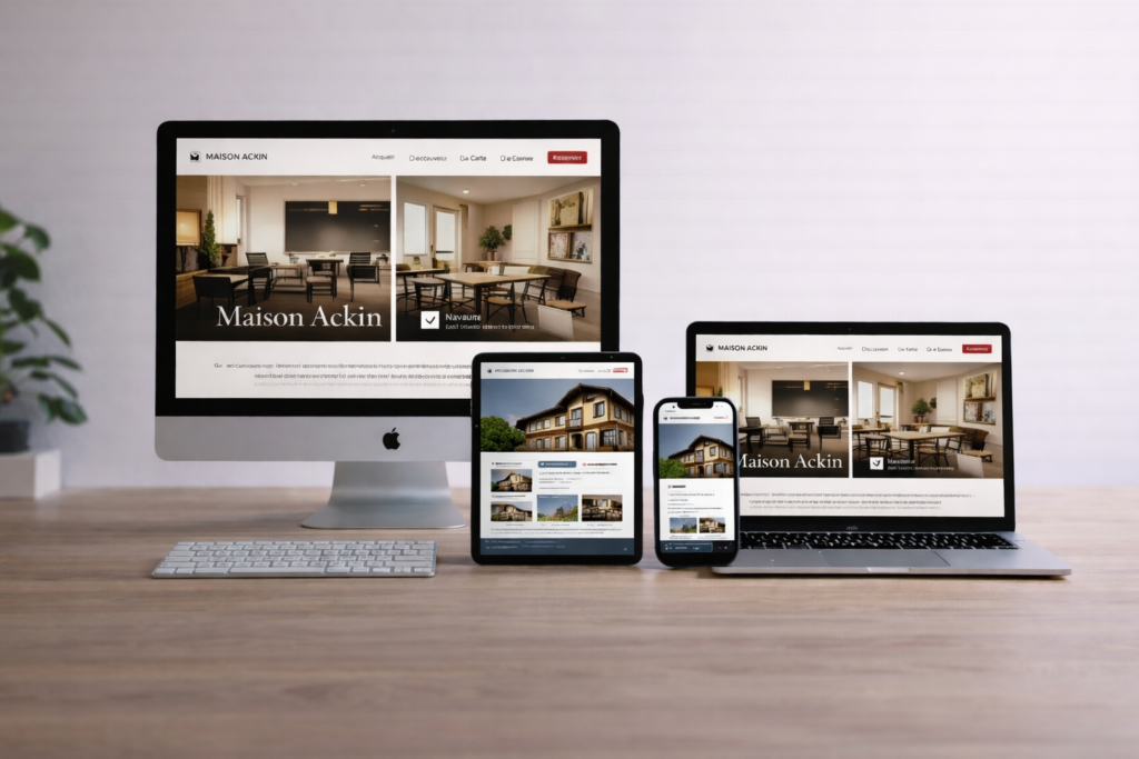 Site web responsive affiché sur écran d’ordinateur, tablette et smartphone avec adaptation du design